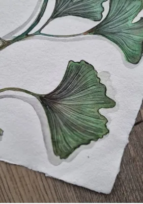 Blad & Beeld Groene ginkgo aquarel Khadi papier print